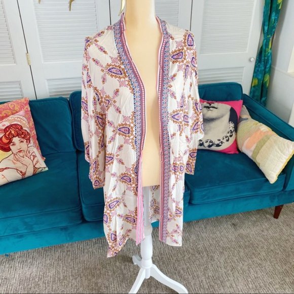 Gigio | Aster Ivory Pink Open Front Kimono Boho Bohemian Paisley Medallion Large - Picture 5 of 15